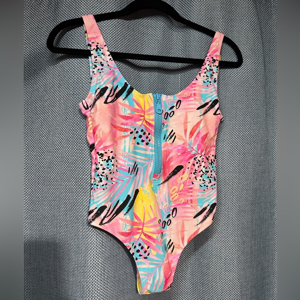 RSVLTS Pink Turquoise & Yellow Tropical Zip One-Piece Swimsuit